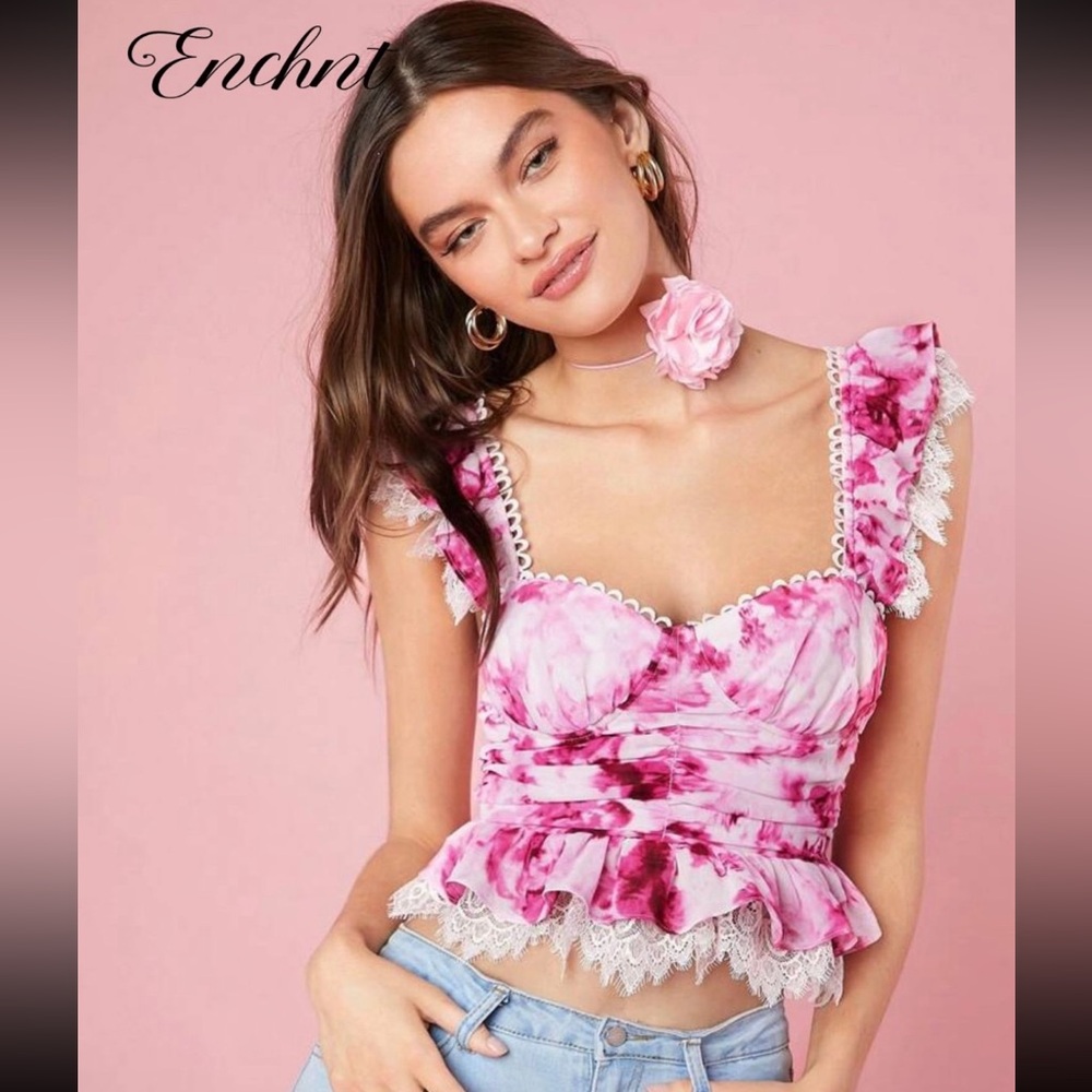 NWOT Pink Tie-Dye Lace Trim Ruffled Women's Top